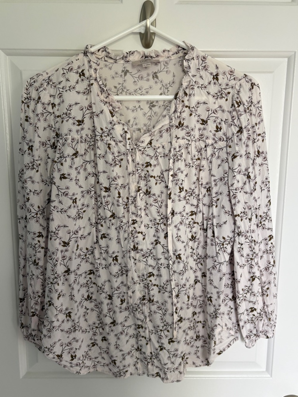 Loft Womens Floral Tie-Neck White Peasant Top